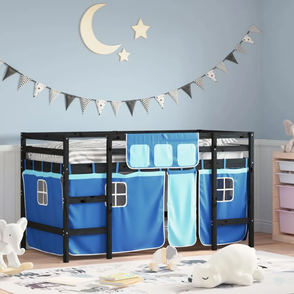 vidaXL Letto a Soppalco Bambini con Tende Blu 90x190 cm Massello Pino