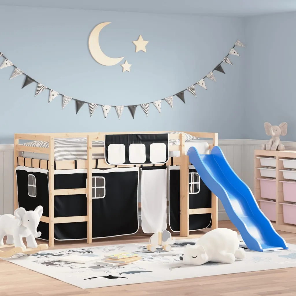 vidaXL Letto a Soppalco Bambini con Tende Bianco e Nero 90x190 cm Pino