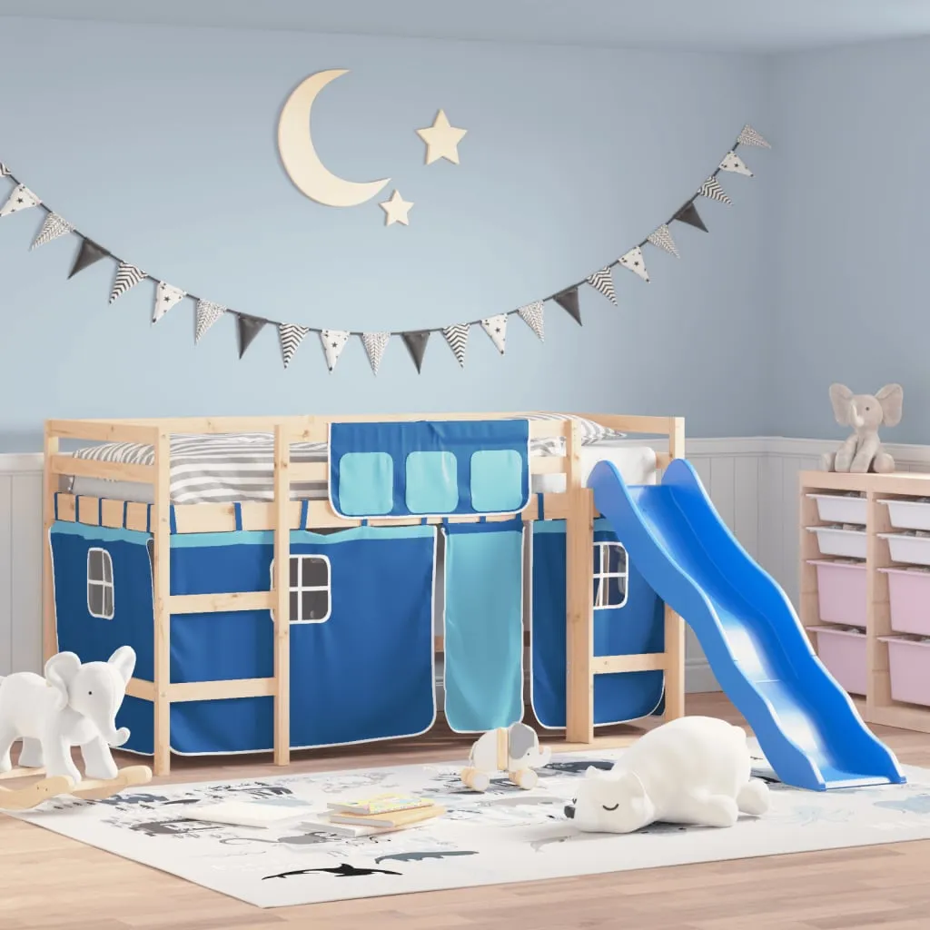 vidaXL Letto a Soppalco Bambini con Tende Blu 90x190 cm Massello Pino