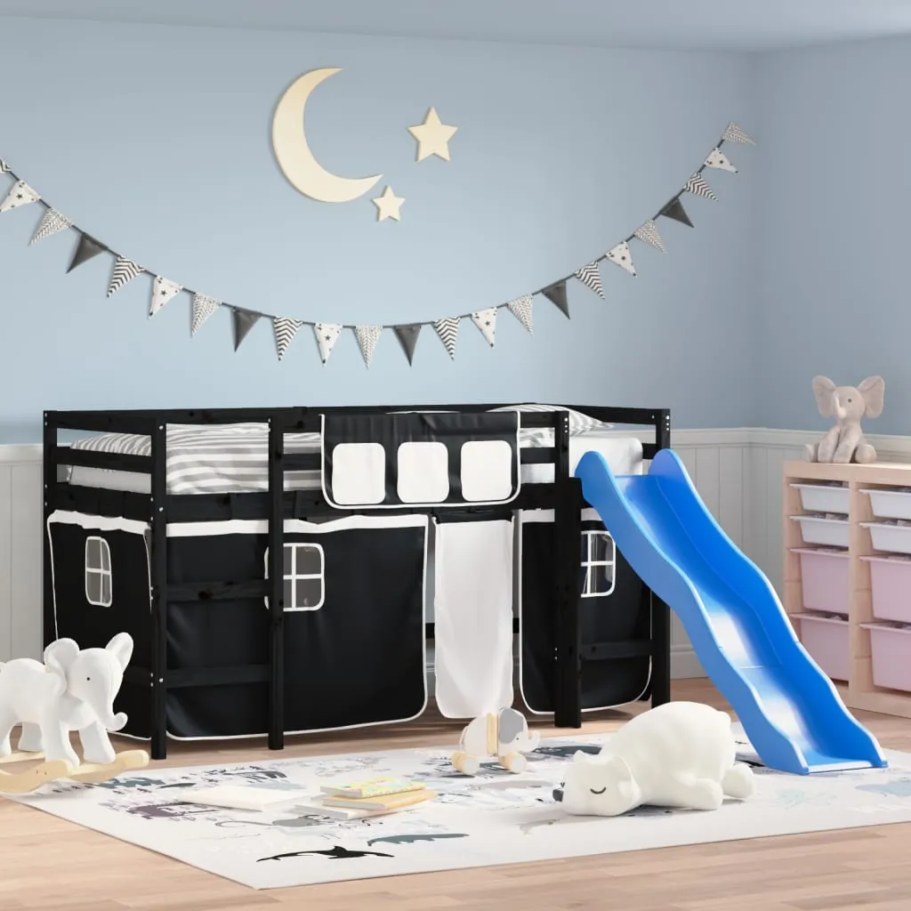 vidaXL Letto a Soppalco Bambini con Tende Bianco e Nero 90x190 cm Pino