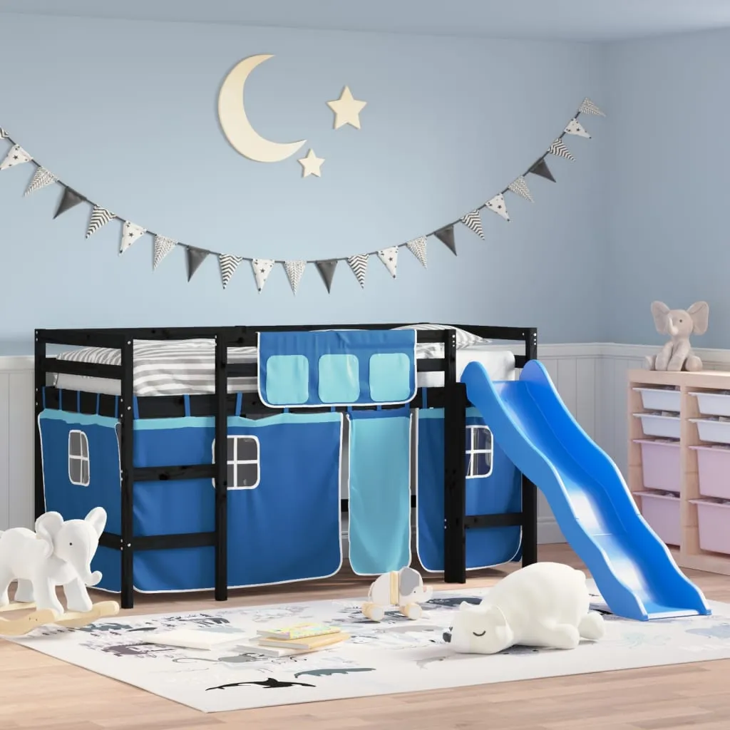 vidaXL Letto a Soppalco Bambini con Tende Blu 90x190 cm Massello Pino