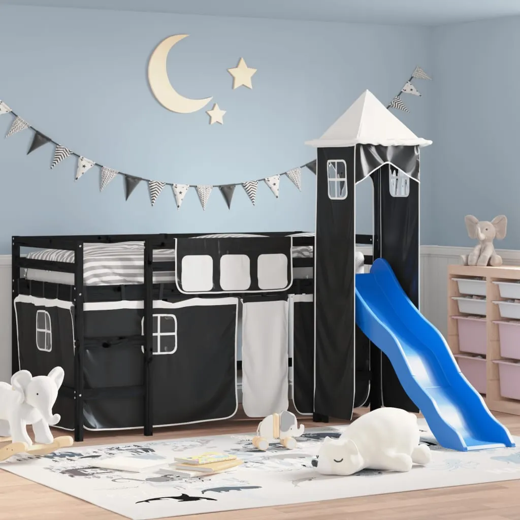 vidaXL Letto a Soppalco con Torre Bambini Bianco e Nero 90x200cm Pino