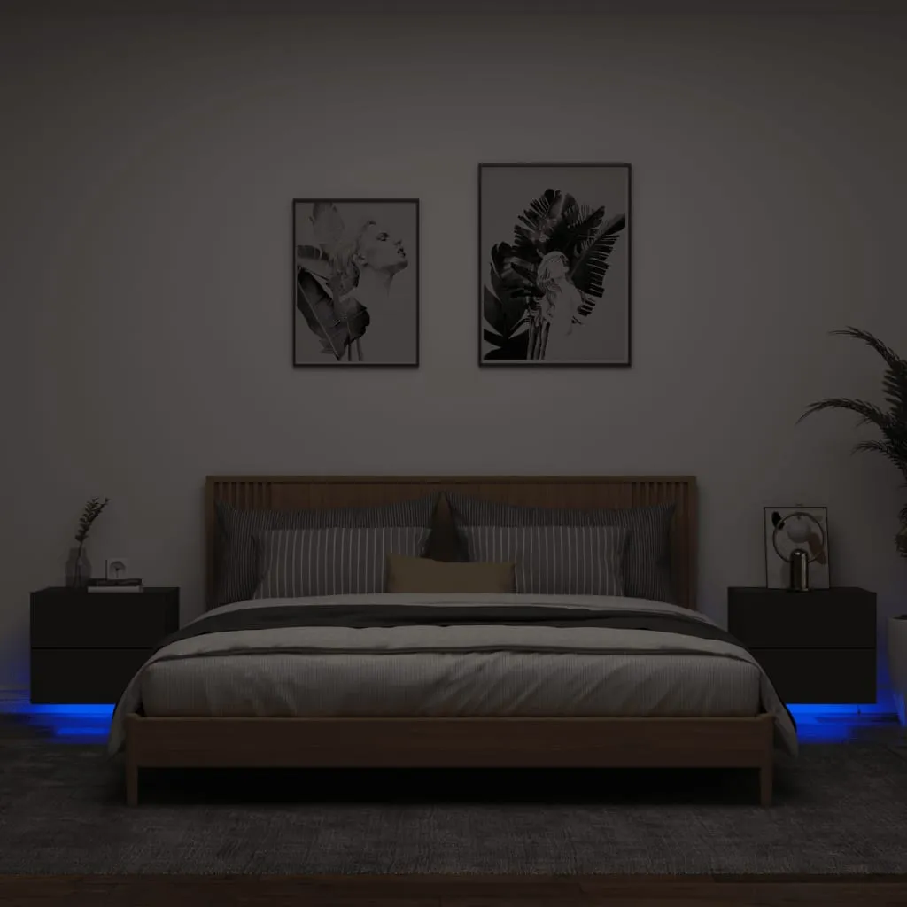 vidaXL Comodini a Parete con Luci LED 2 pz Neri