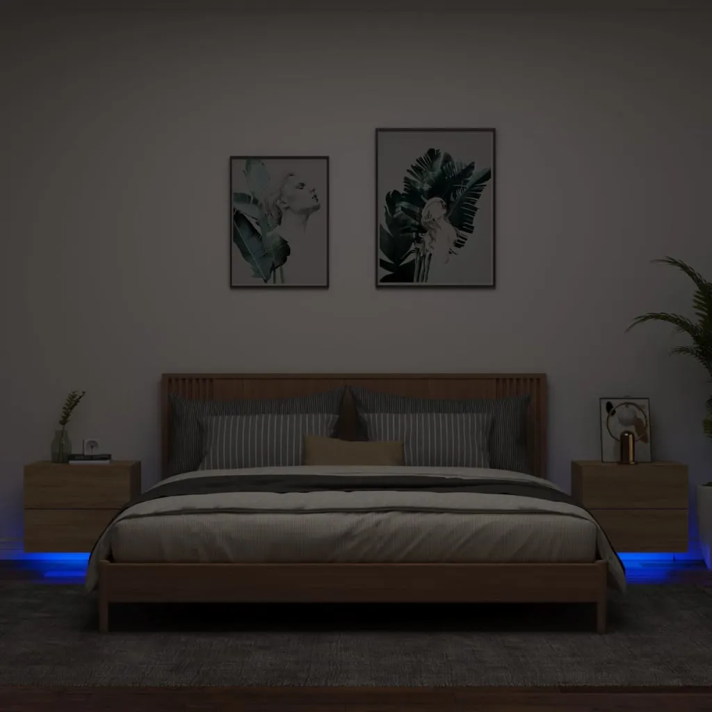 vidaXL Comodini a Parete con luci LED 2 pz Rovere Sonoma