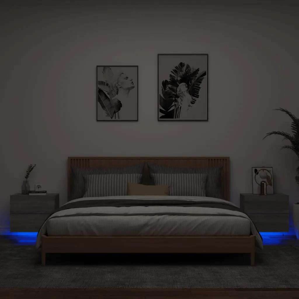 vidaXL Comodini a Parete con luci LED 2 pz Grigio Sonoma