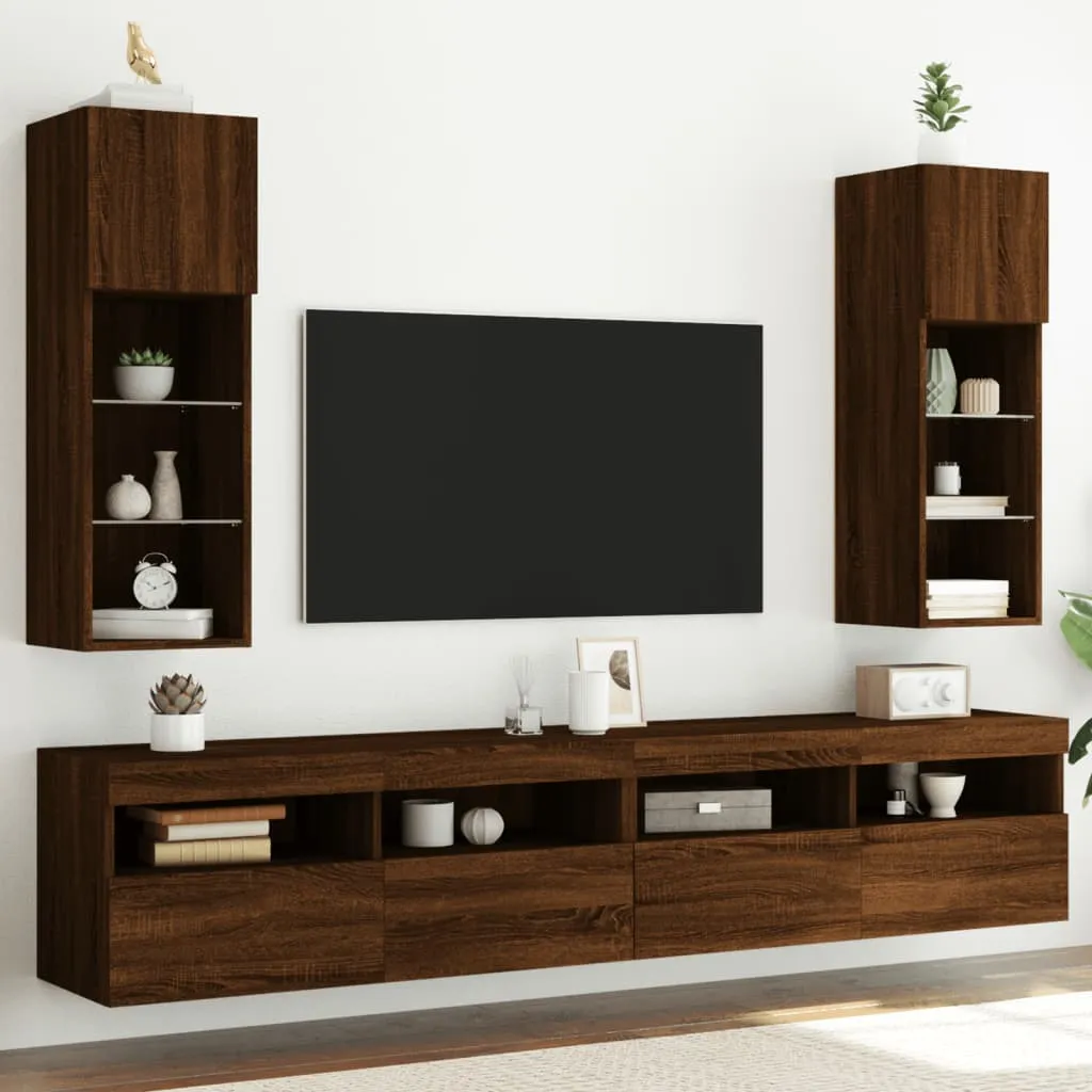 vidaXL Mobili Porta TV con Luci LED 2 pz Rovere Marrone 30,5x30x90 cm