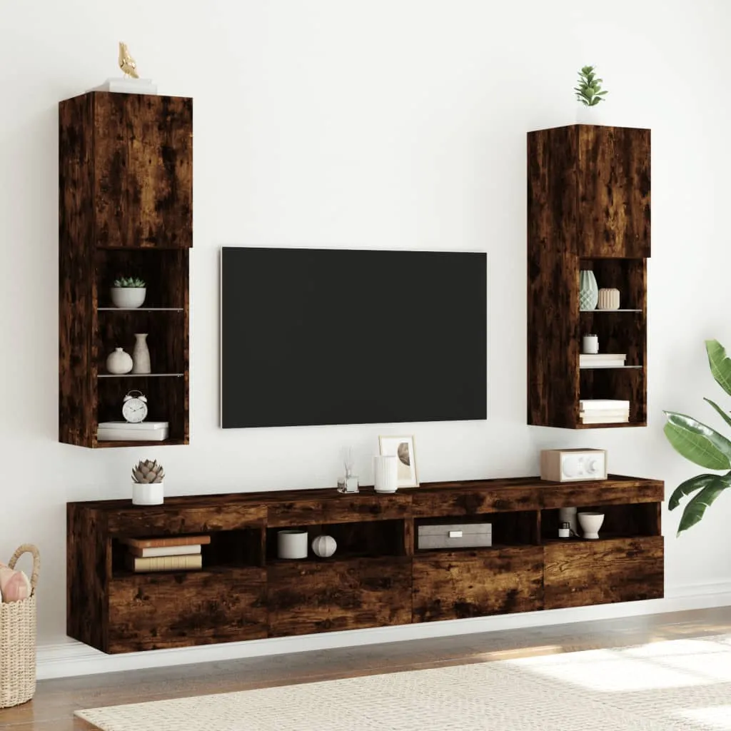 vidaXL Mobili Porta TV con Luci LED 2 pz Rovere Fumo 30,5x30x102 cm