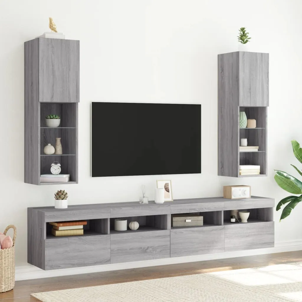 vidaXL Mobili TV con Luci LED 2pz Grigio Sonoma 30,5x30x102 cm