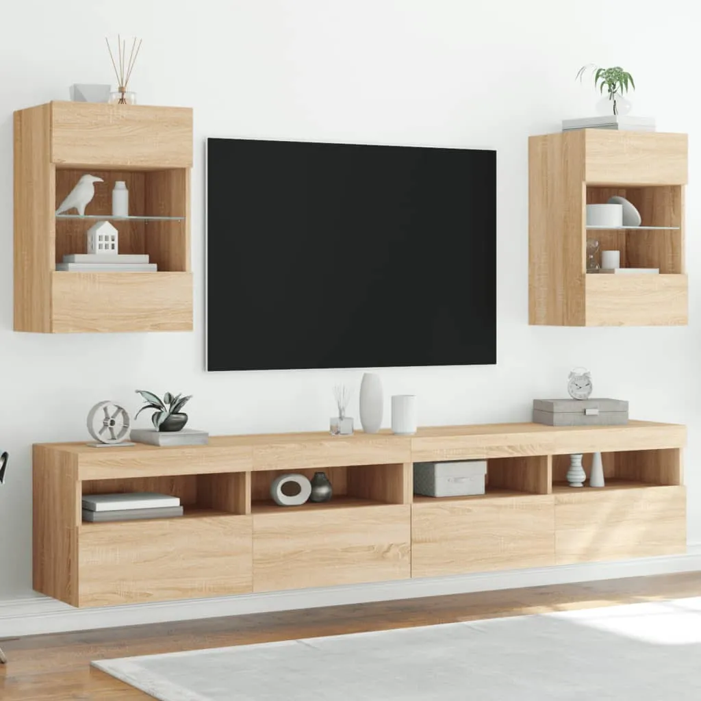 vidaXL Mobili TV a Parete con Luci LED 2pz Rovere Sonoma 40x30x60,5 cm