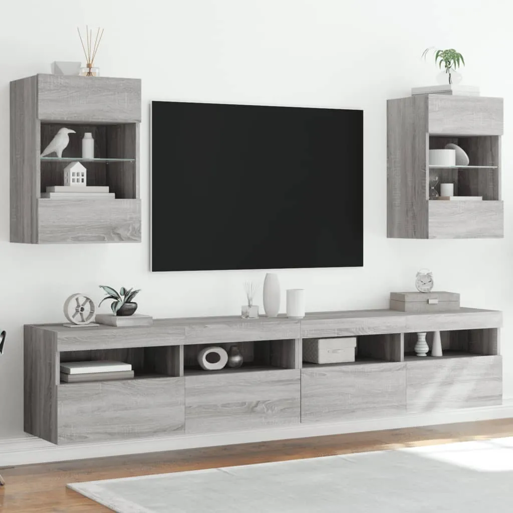 vidaXL Mobili TV a Parete con Luci LED 2pz Grigio Sonoma 40x30x60,5 cm