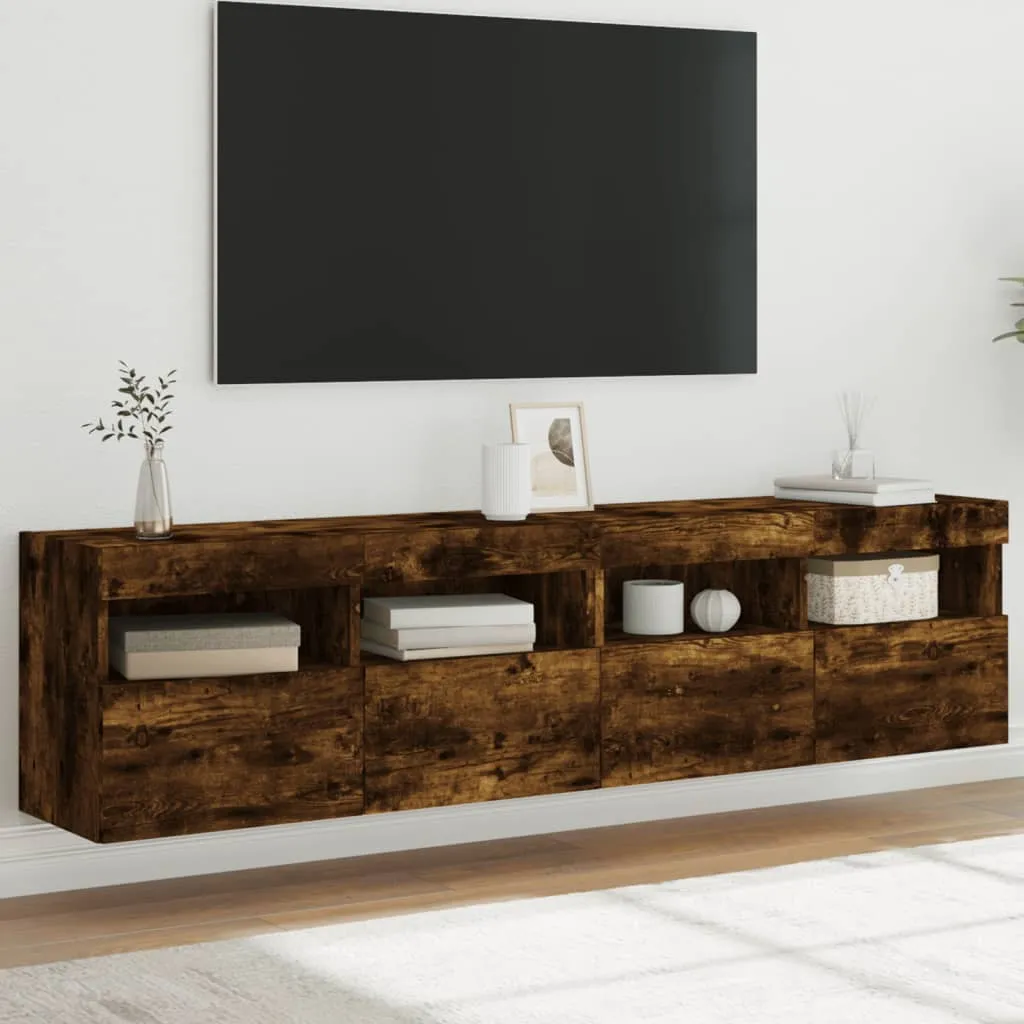 vidaXL Mobili TV a Parete con Luci LED 2pz Rovere Fumo 80x30x40 cm