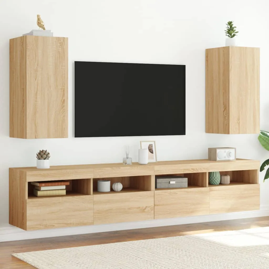 vidaXL Mobili TV a Parete con Luci LED 2pz Rovere Sonoma 30,5x35x70 cm