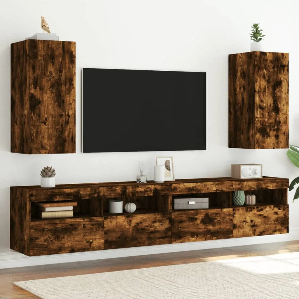 vidaXL Mobili TV a Parete con Luci LED 2pz Rovere Fumo 30,5x35x70 cm