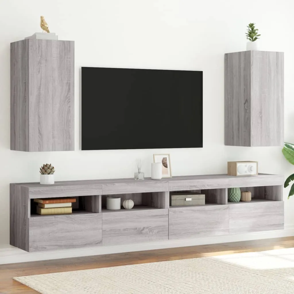 vidaXL Mobili TV a Parete con Luci LED 2pz Grigio Sonoma 30,5x35x70 cm