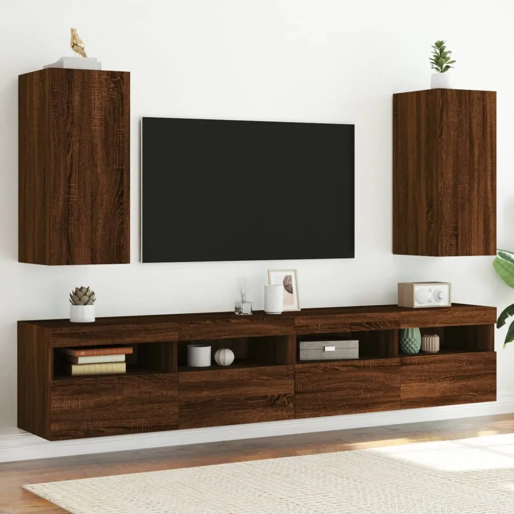 vidaXL Mobili TV a Parete con Luci LED 2pz Rovere Marrone 30,5x35x70cm