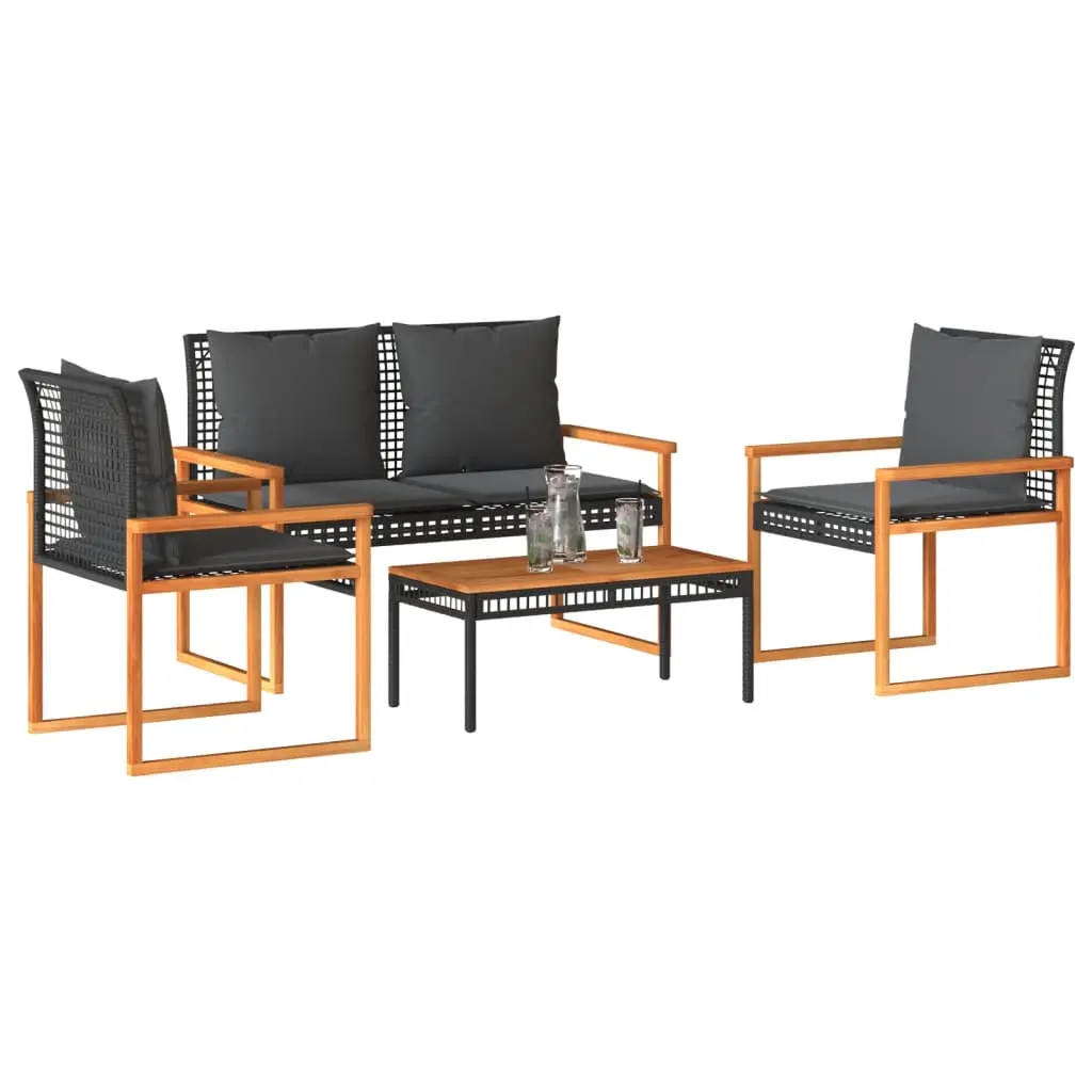 Set Divani da Giardino 4 pz con Cuscini Nero in Polyrattan