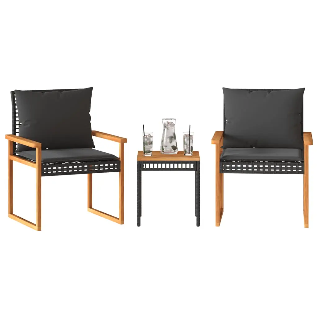 Set da Bistrò 3 pz con Cuscini Nero Polyrattan e Legno Acacia