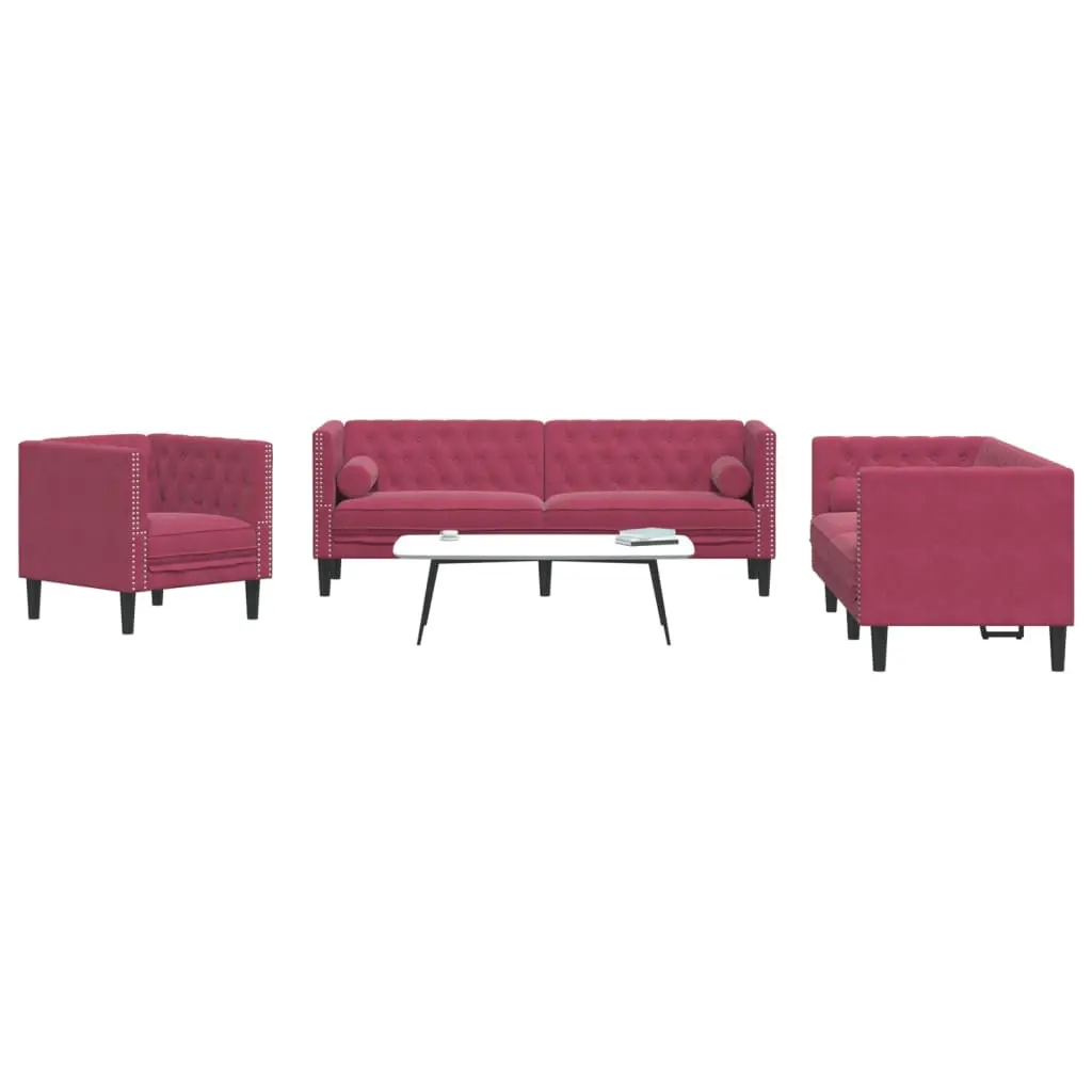 Set Divani Chesterfield 3pz con Cuscini Rosso Vino Velluto