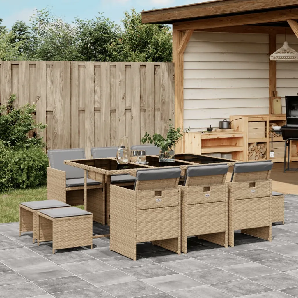 vidaXL Set Pranzo da Giardino 11 pz con Cuscini Beige Misto Polyrattan