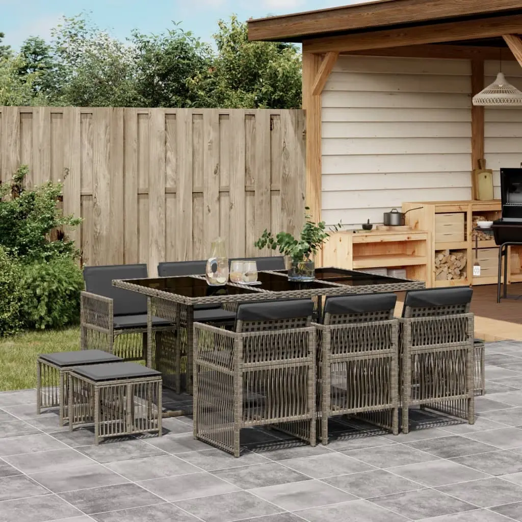 Set da Pranzo da Giardino 11pz con Cuscini in Polyrattan Grigio