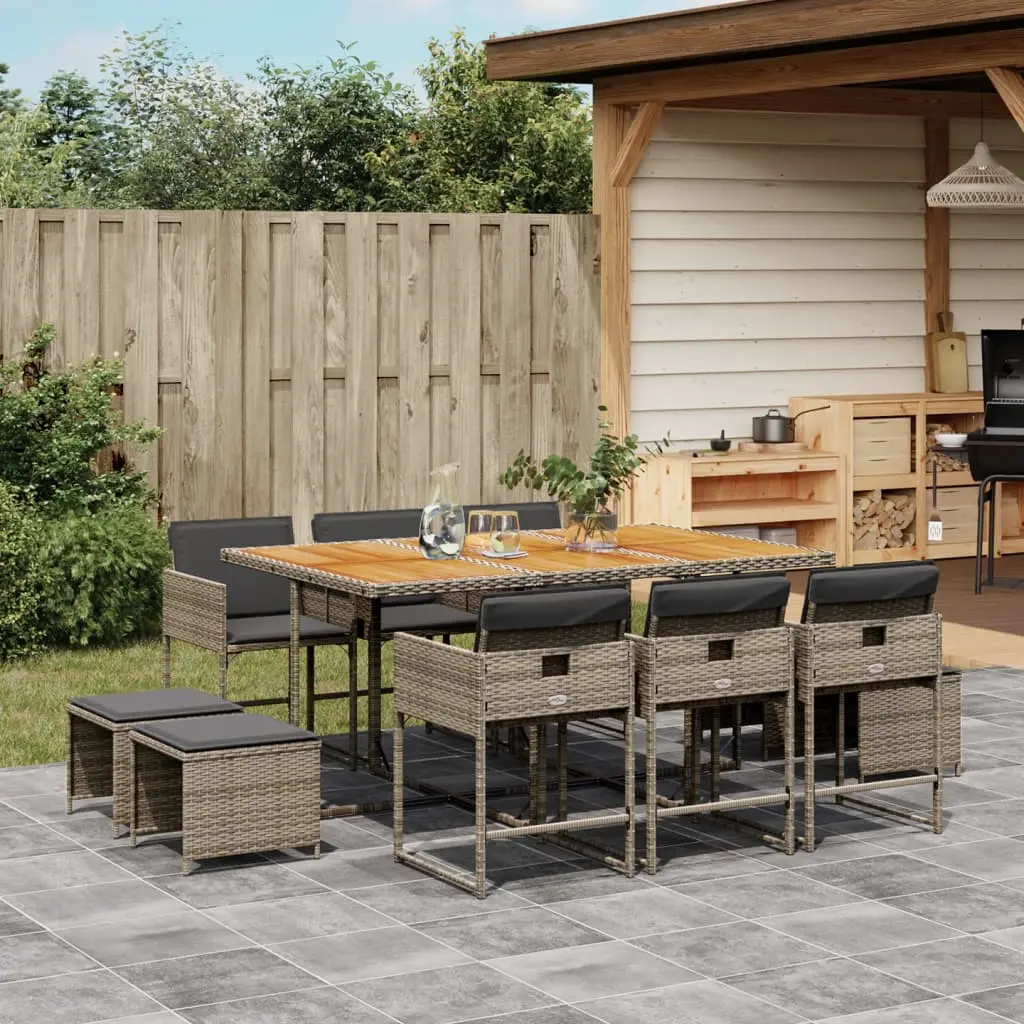 Set da Pranzo da Giardino 11pz con Cuscini in Polyrattan Grigio