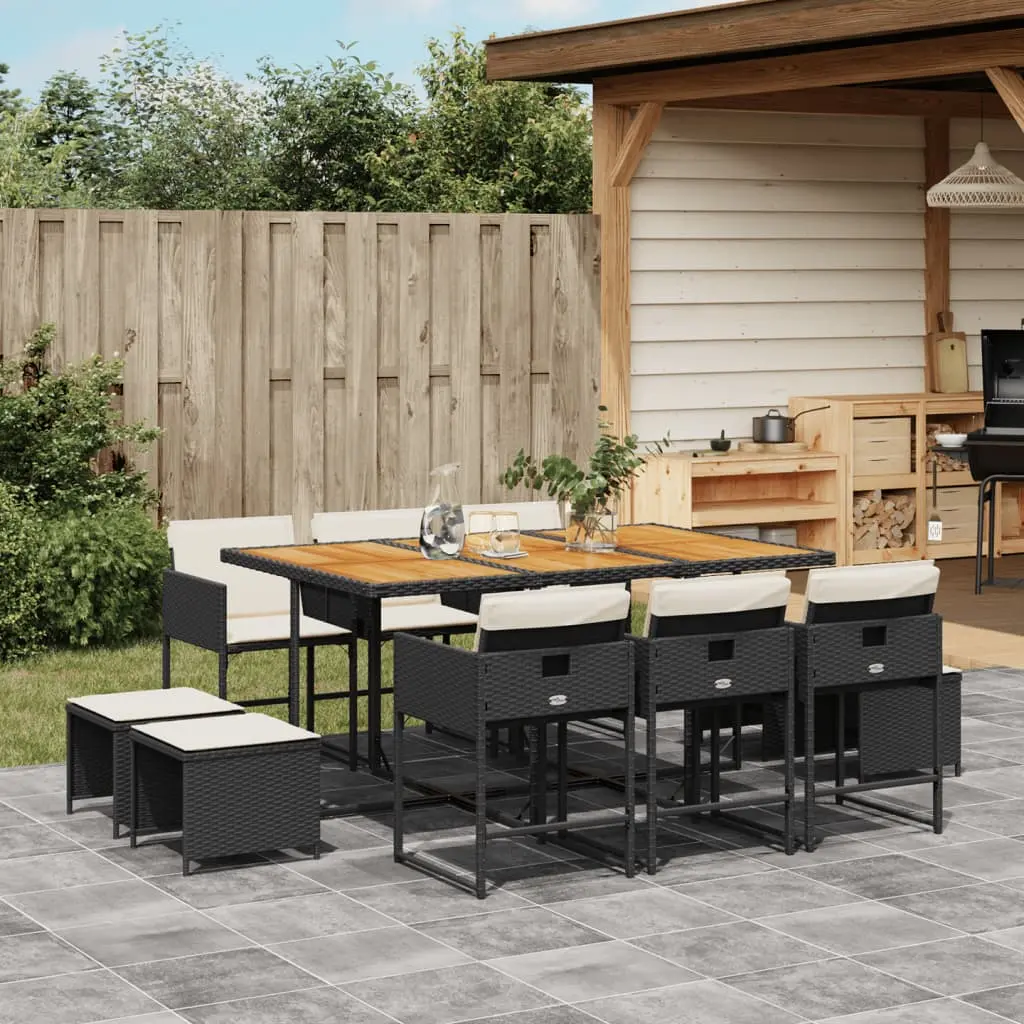 Set da Pranzo da Giardino 11 pz con Cuscini in Polyrattan Nero