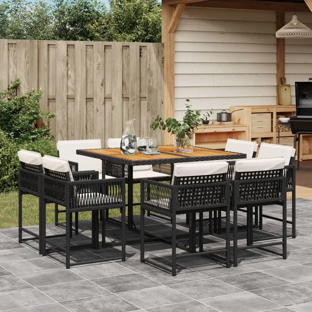 Set da Pranzo da Giardino 9 pz con Cuscini Nero in Polyrattan