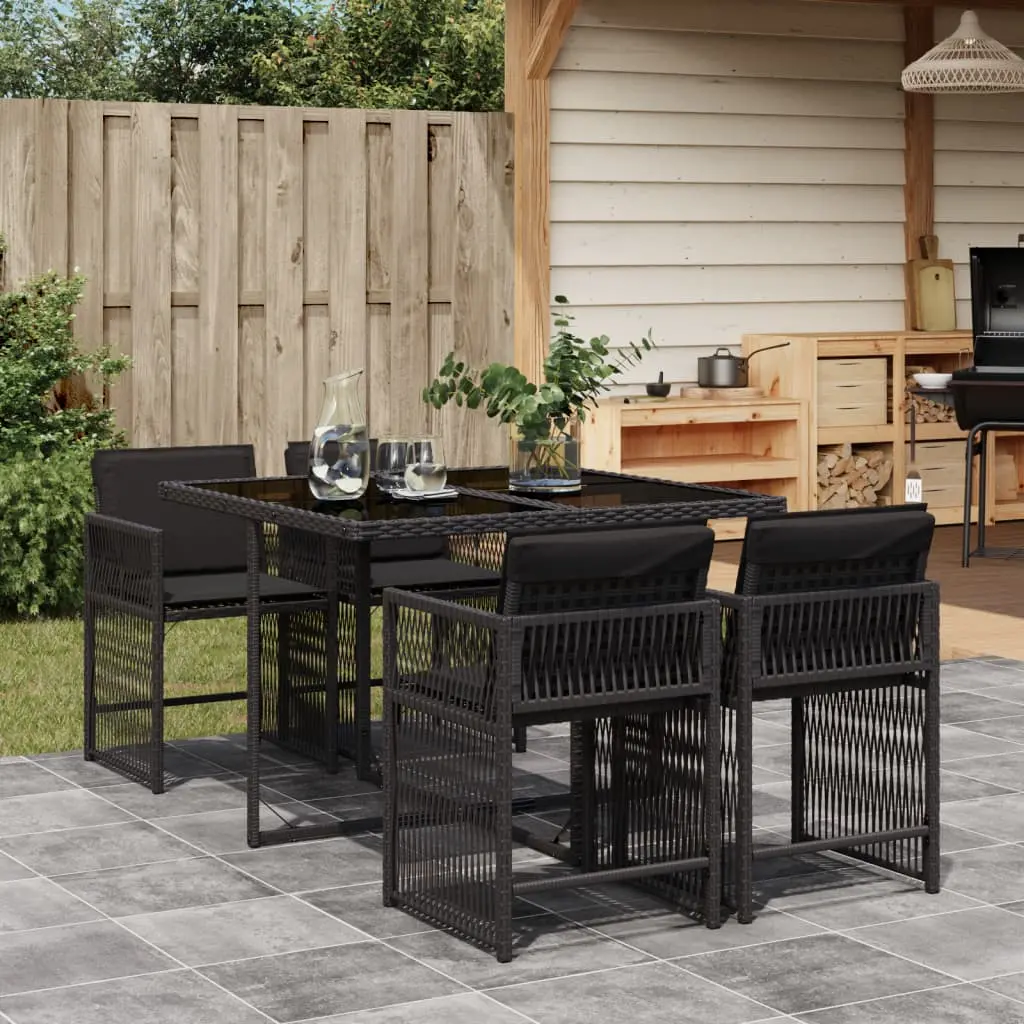 Set da Pranzo da Giardino 5 pz Nero con Cuscini in Polyrattan