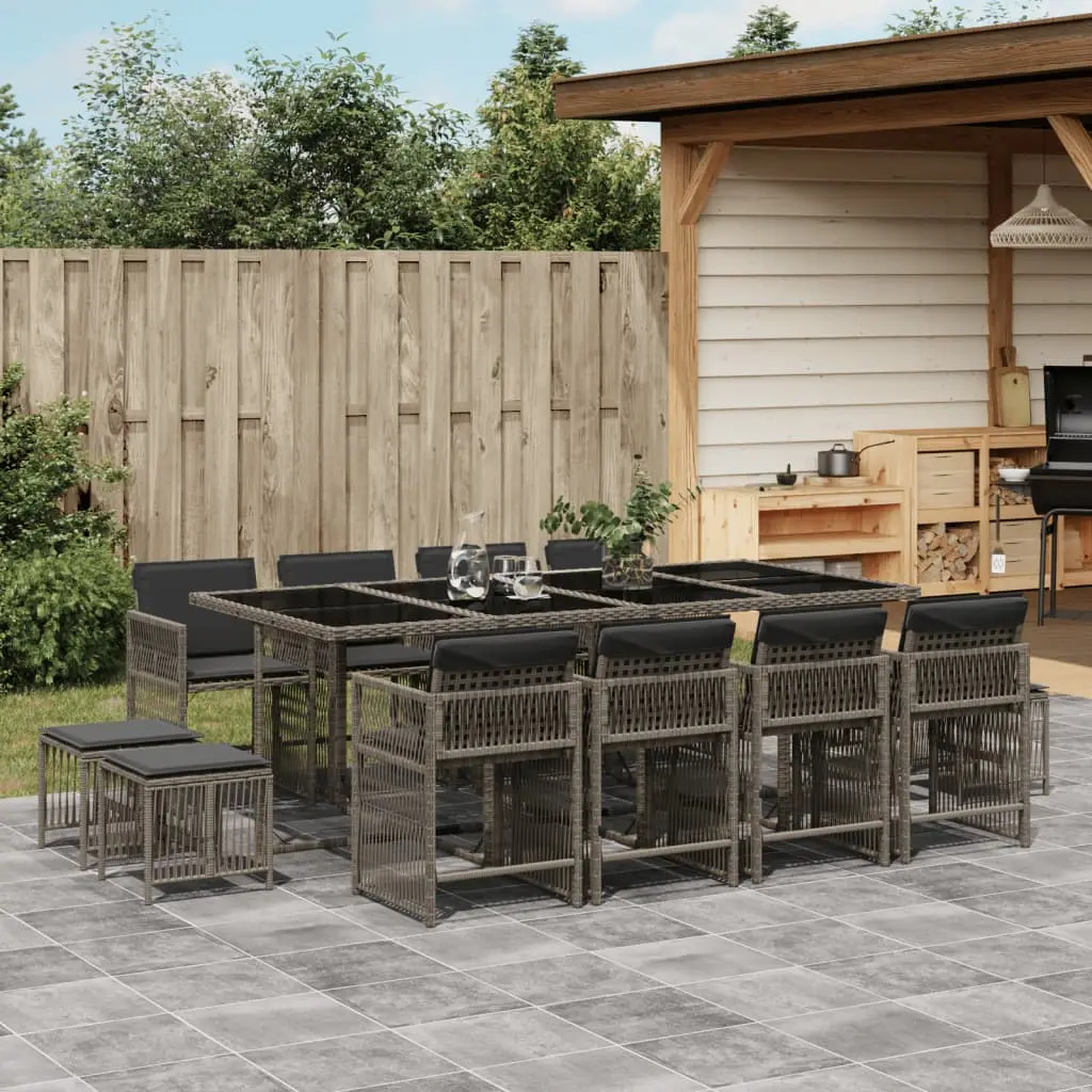 Set da Pranzo da Giardino 13pz con Cuscini Grigio in Polyrattan