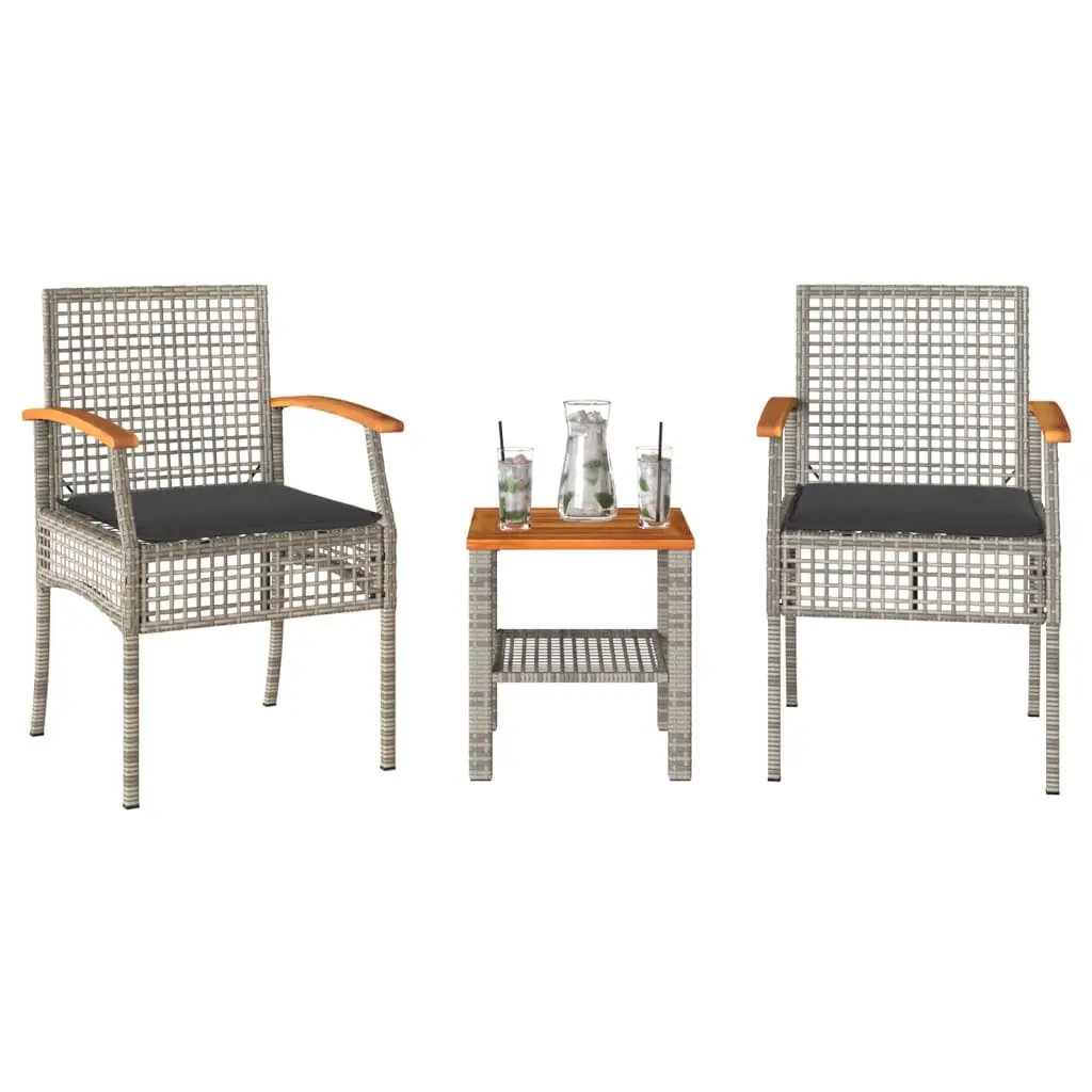 Set da Bistrò 3 pz con Cuscini Grigio Polyrattan e Legno Acacia