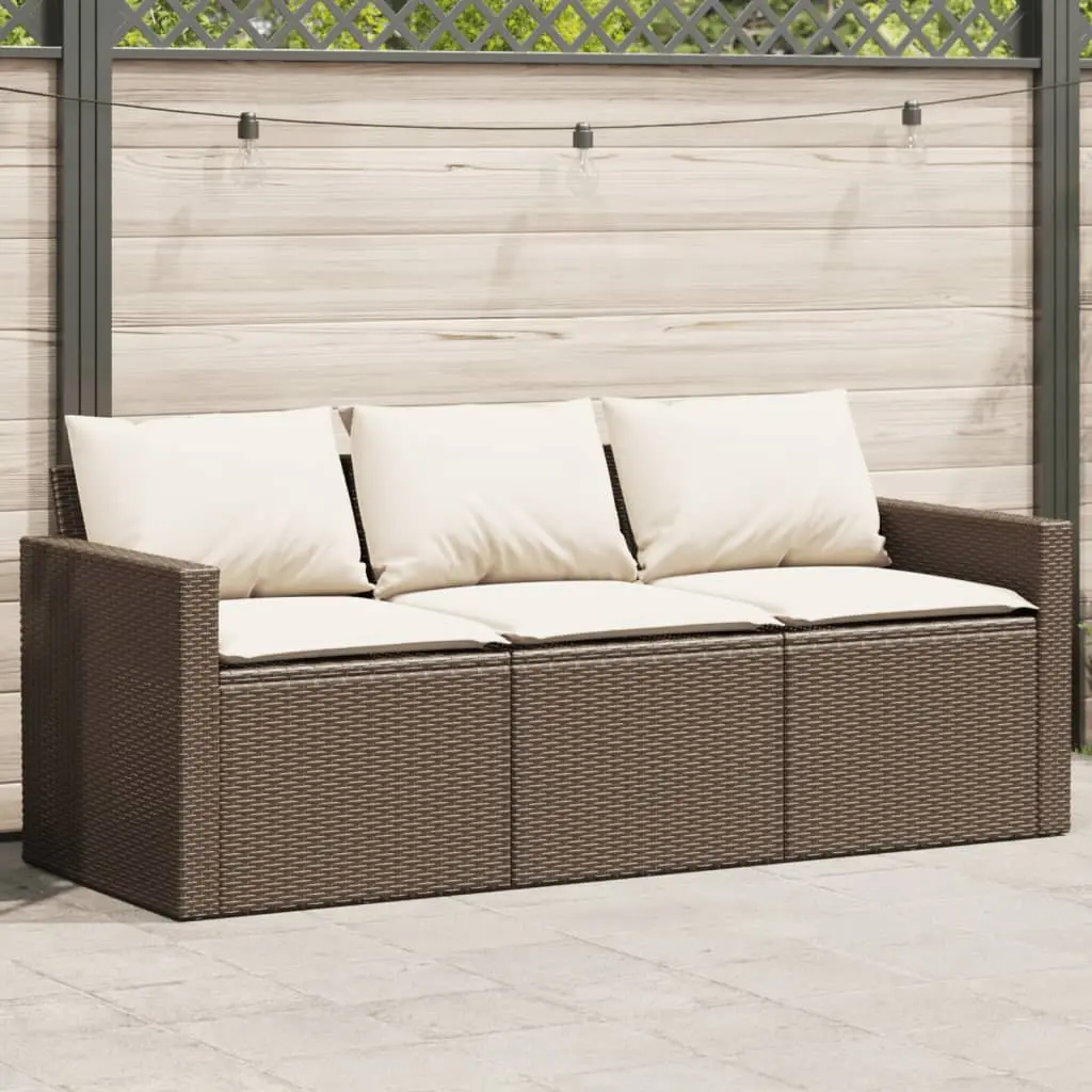 Divano da Giardino a 3 Posti con Cuscini in Polyrattan Marrone