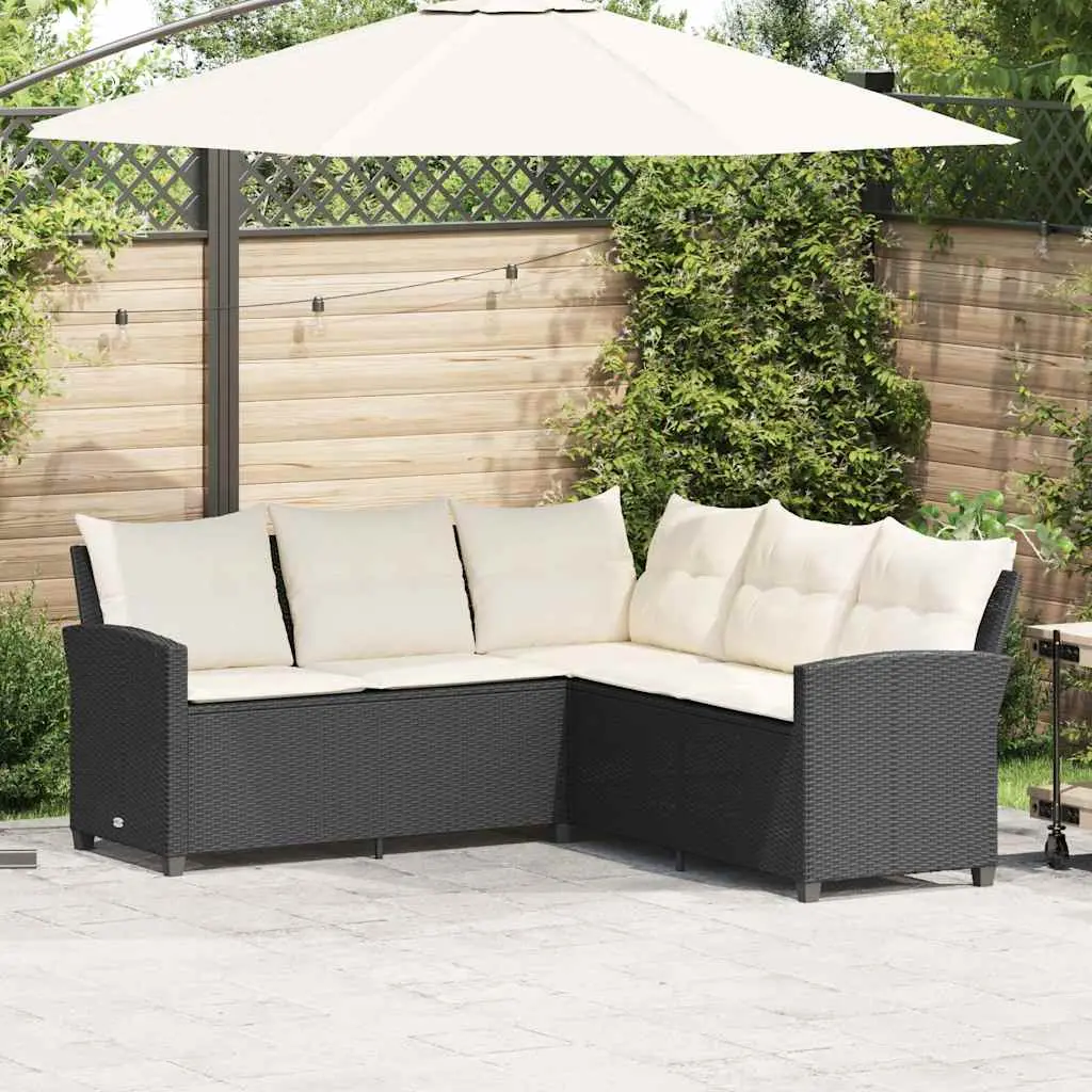 Divano a Forma di L con Cuscini in Polyrattan Nero