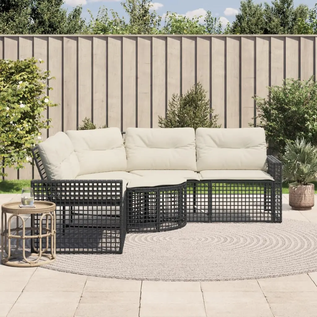 Divano da Giardino a L con Cuscini e Pouf Nero in Polyrattan