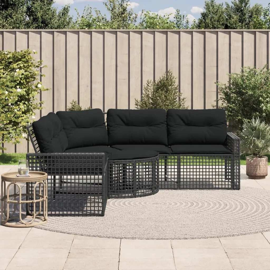 Divano da Giardino a L con Cuscini e Pouf Nero in Polyrattan