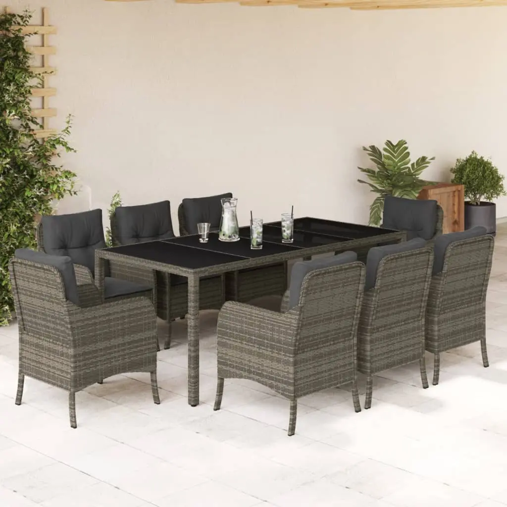 Set da Pranzo da Giardino 9 pz con Cuscini in Polyrattan Grigio