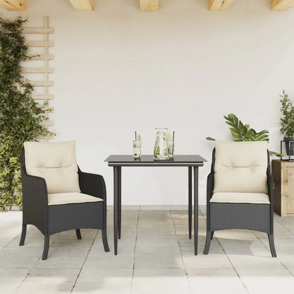 Set da Pranzo da Giardino 3 pz con Cuscini Nero in Polyrattan