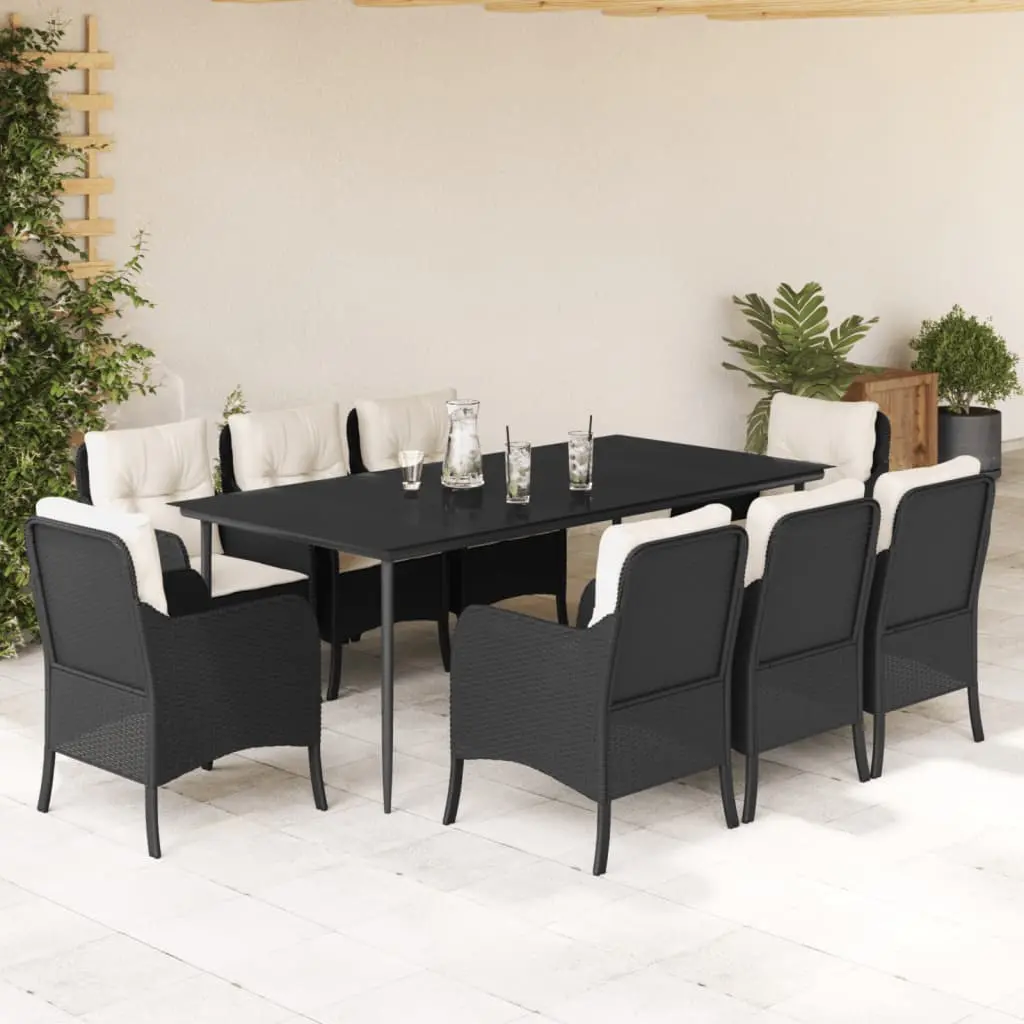 Set da Pranzo da Giardino 9 pz con Cuscini Nero in Polyrattan