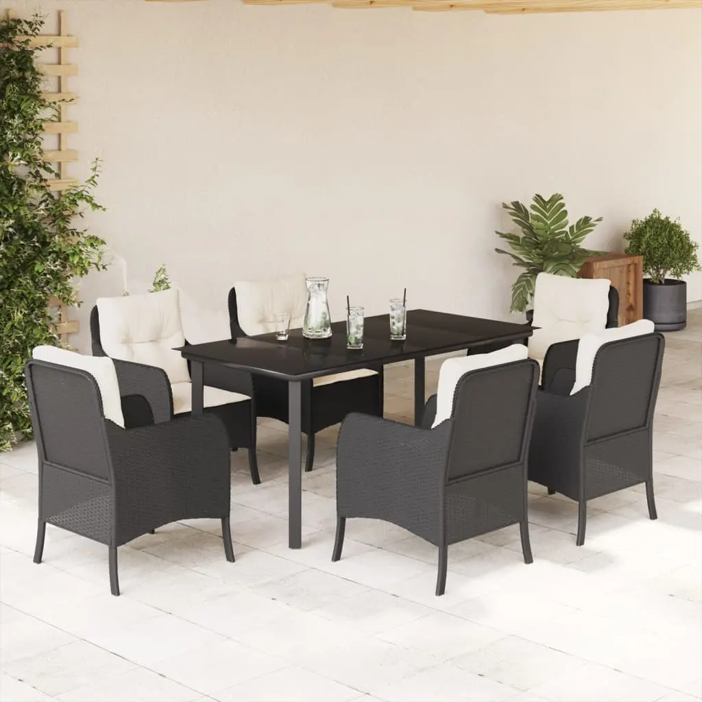 Set da Pranzo da Giardino 7 pz Nero con Cuscini in Polyrattan