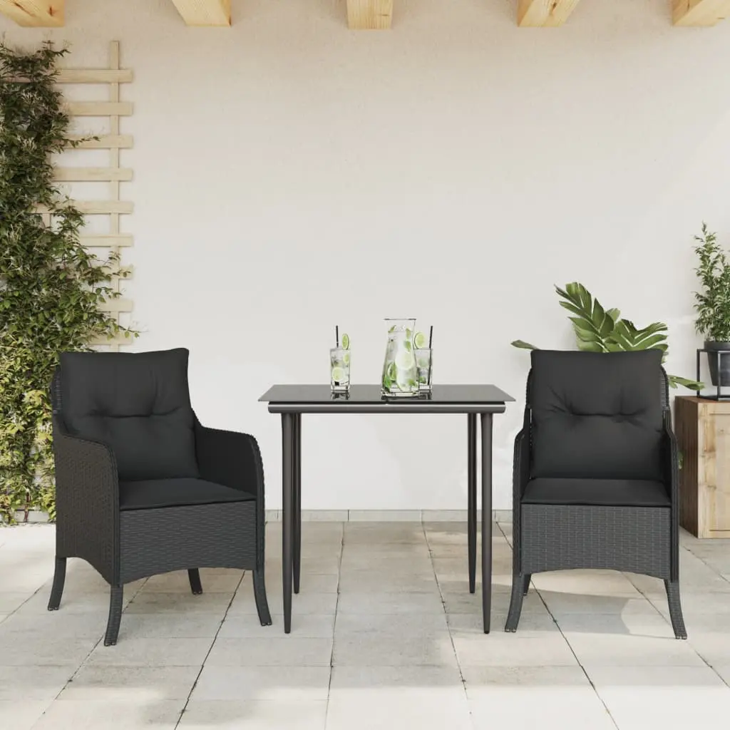 Set da Pranzo da Giardino 3 pz con Cuscini Nero in Polyrattan