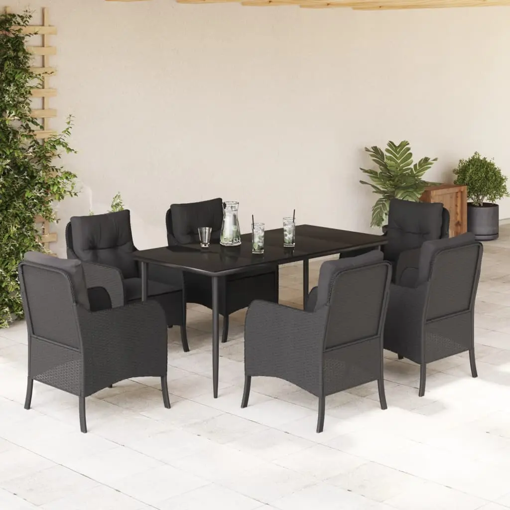 Set da Pranzo da Giardino 7 pz Nero con Cuscini in Polyrattan