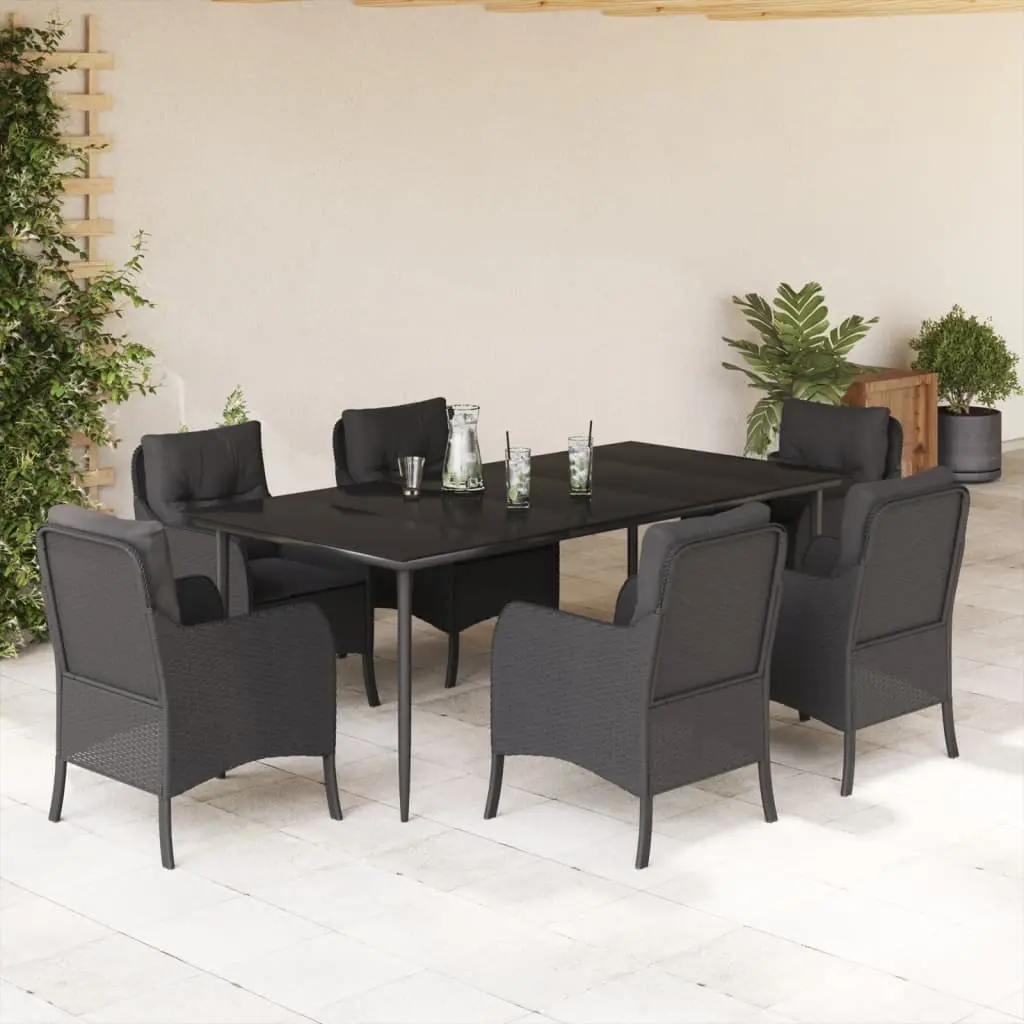 Set da Pranzo da Giardino 7 pz Nero con Cuscini in Polyrattan