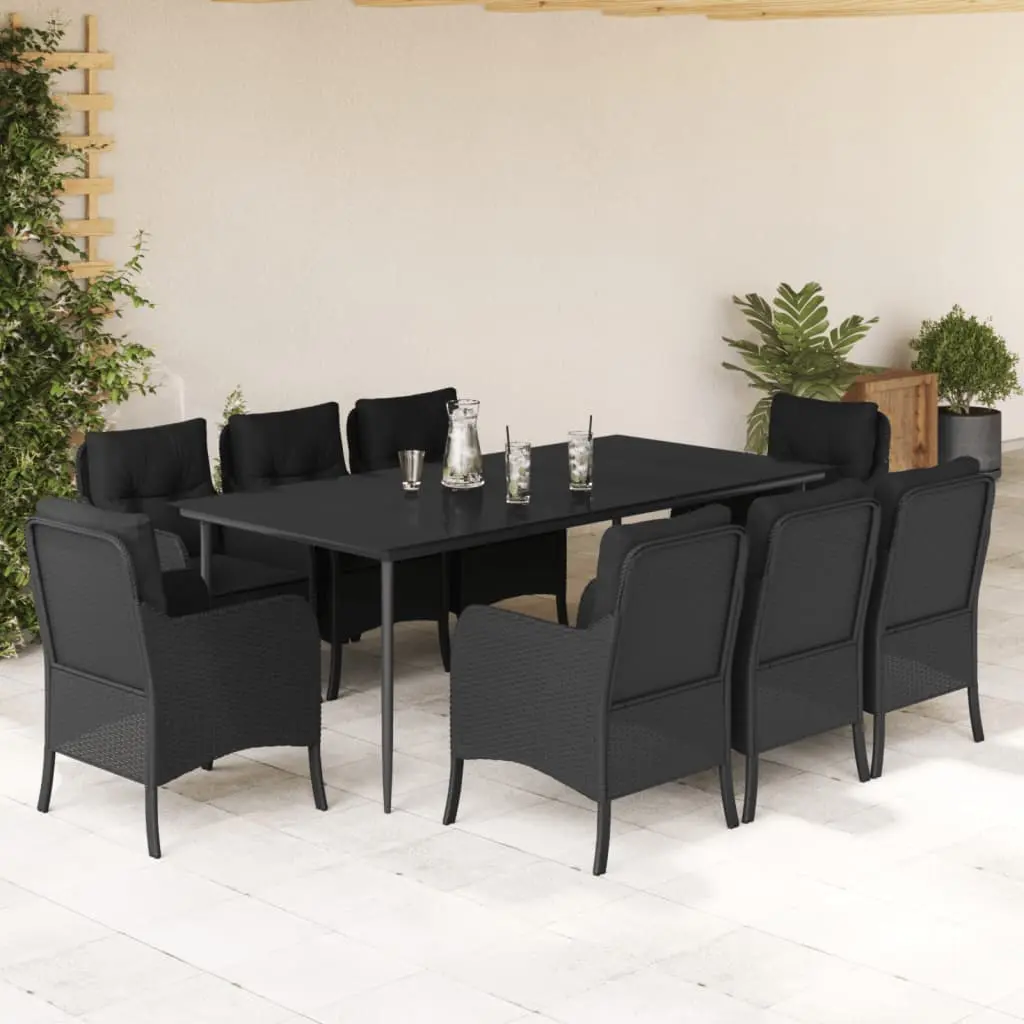 Set da Pranzo da Giardino 9 pz con Cuscini Nero in Polyrattan