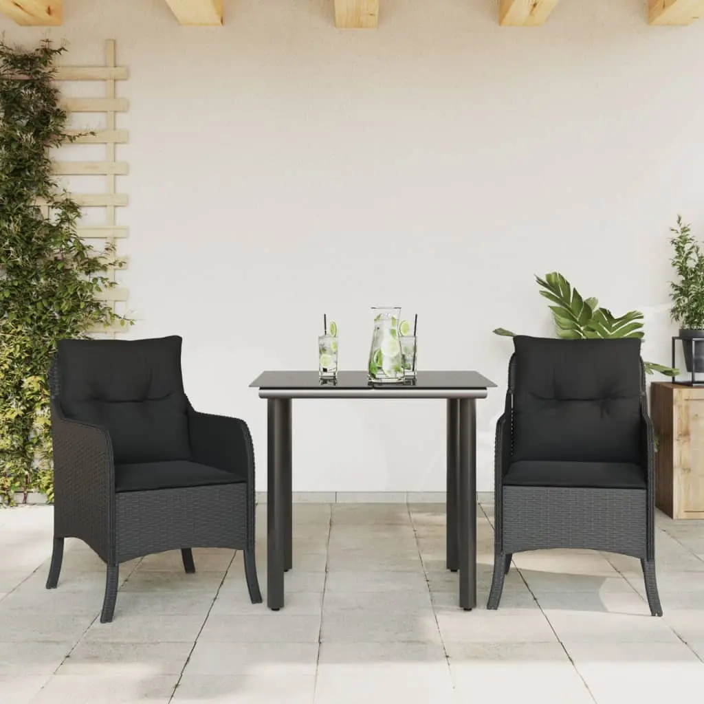 Set da Pranzo da Giardino 3 pz con Cuscini Nero in Polyrattan