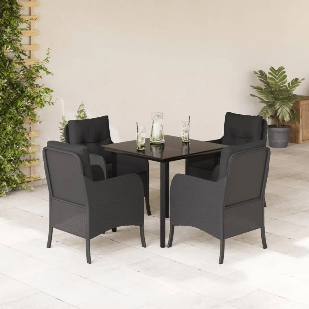 Set da Pranzo da Giardino 5 pz Nero con Cuscini in Polyrattan