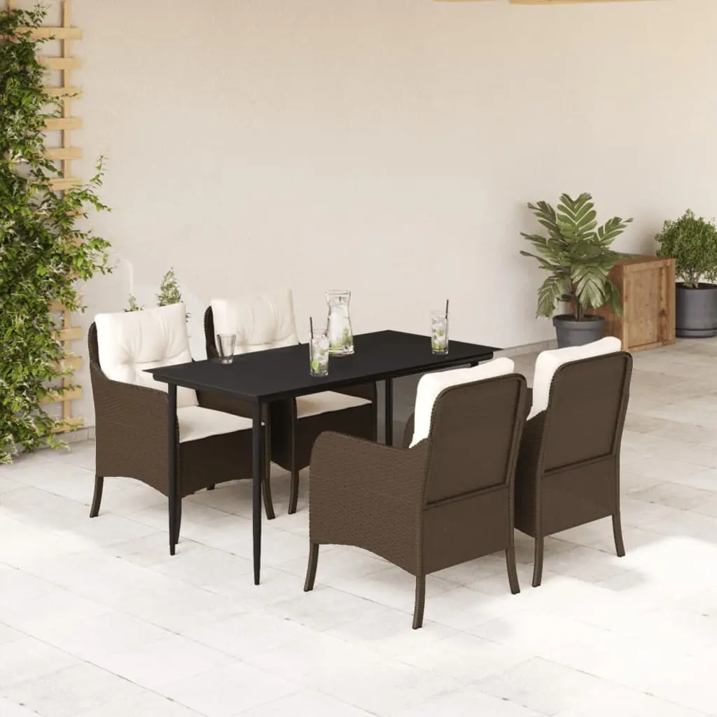 Set da Pranzo da Giardino 5pz con Cuscini in Polyrattan Marrone