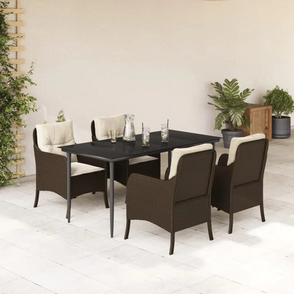 Set da Pranzo da Giardino 5pz con Cuscini in Polyrattan Marrone