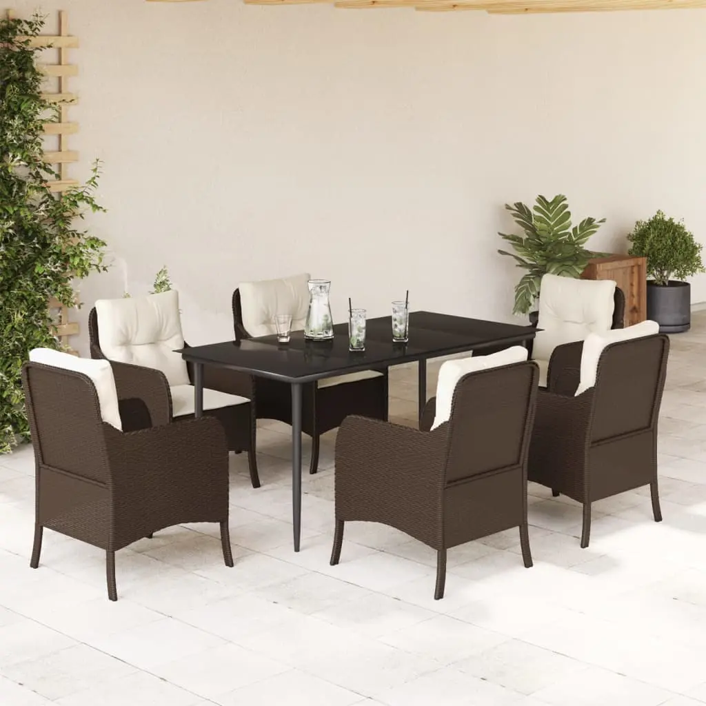 Set da Pranzo da Giardino 7pz con Cuscini in Polyrattan Marrone