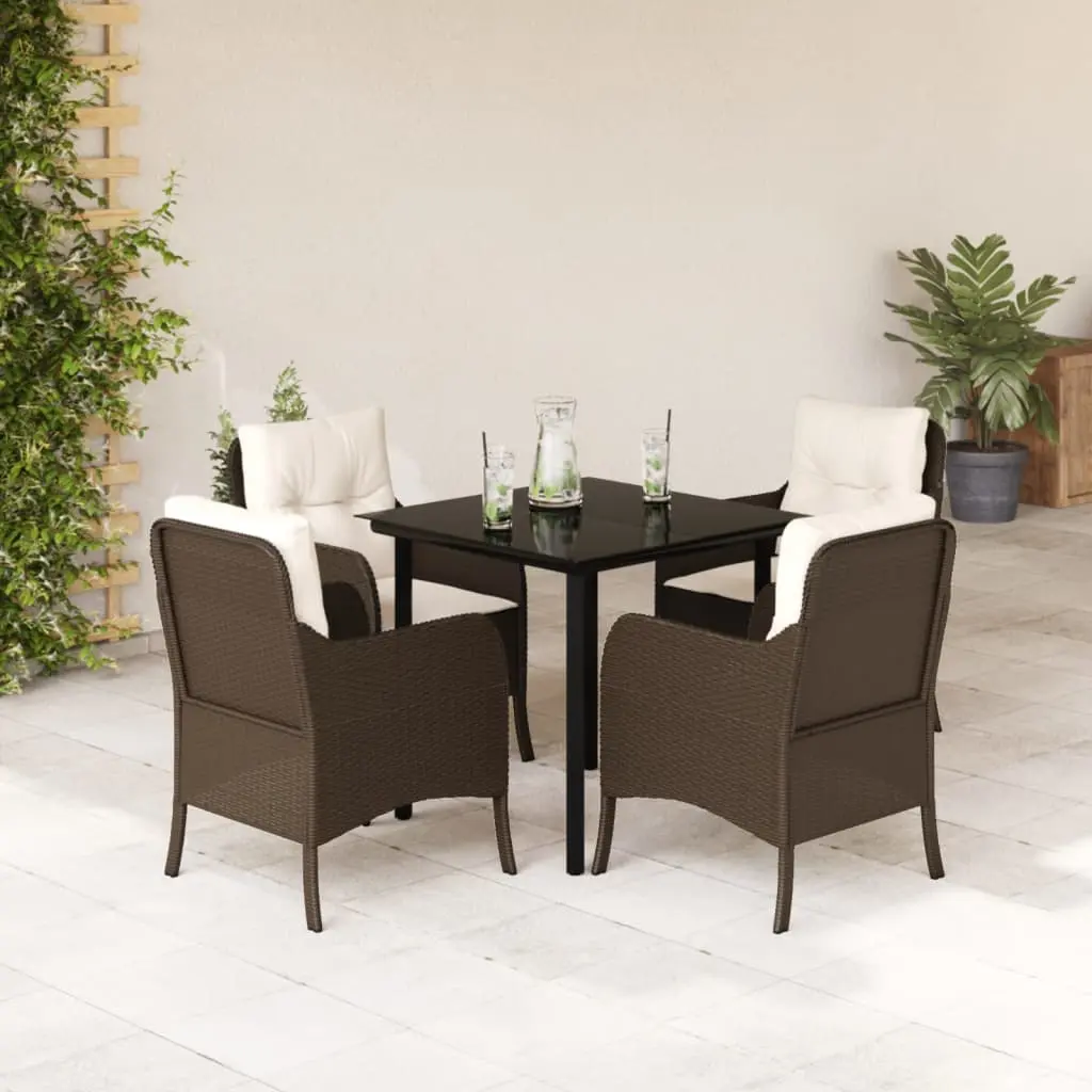 Set da Pranzo da Giardino 5pz con Cuscini in Polyrattan Marrone