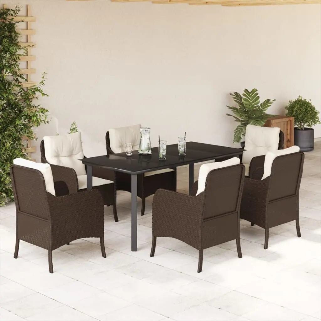 Set da Pranzo da Giardino 7pz con Cuscini in Polyrattan Marrone