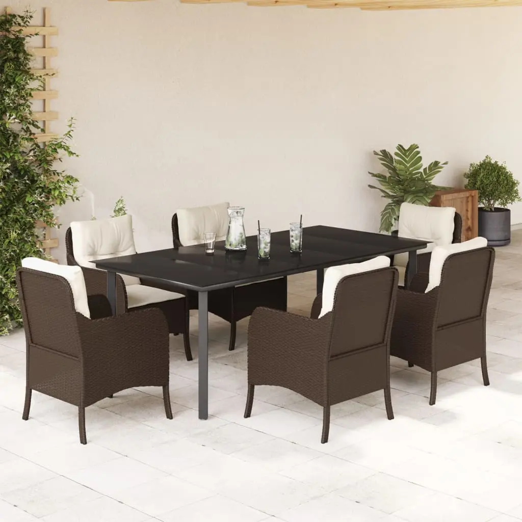 Set da Pranzo da Giardino 7pz con Cuscini in Polyrattan Marrone